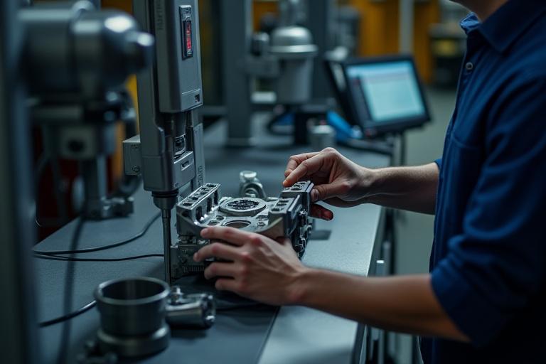 Techniker führt Qualitätsprüfung an Metallbauteil durch